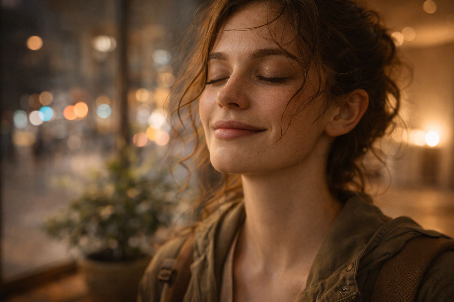 Close-up of a relaxed face in warm spa light after a city day.