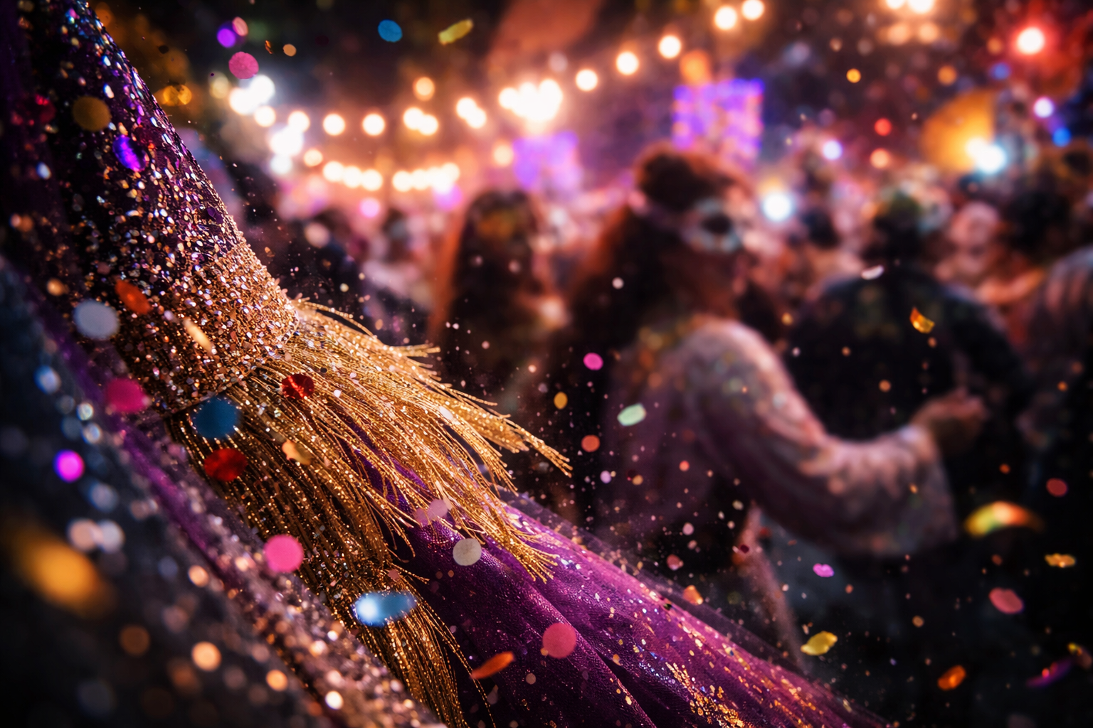 Glitter and costume textures during Patras Carnival with parade blur behind.