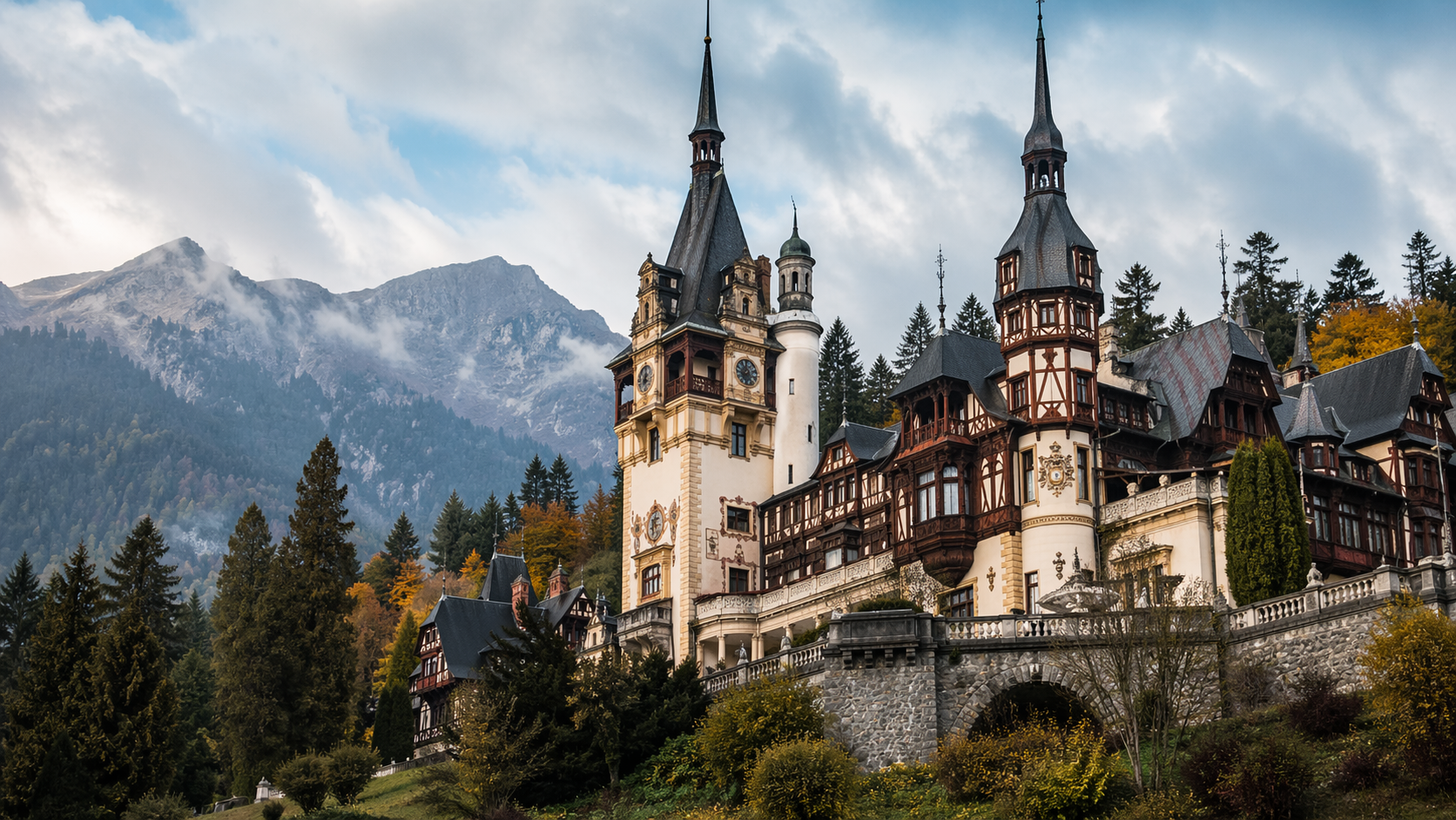 Peles Castle in Sinaia with ornate towers and forested Carpathian backdrop.