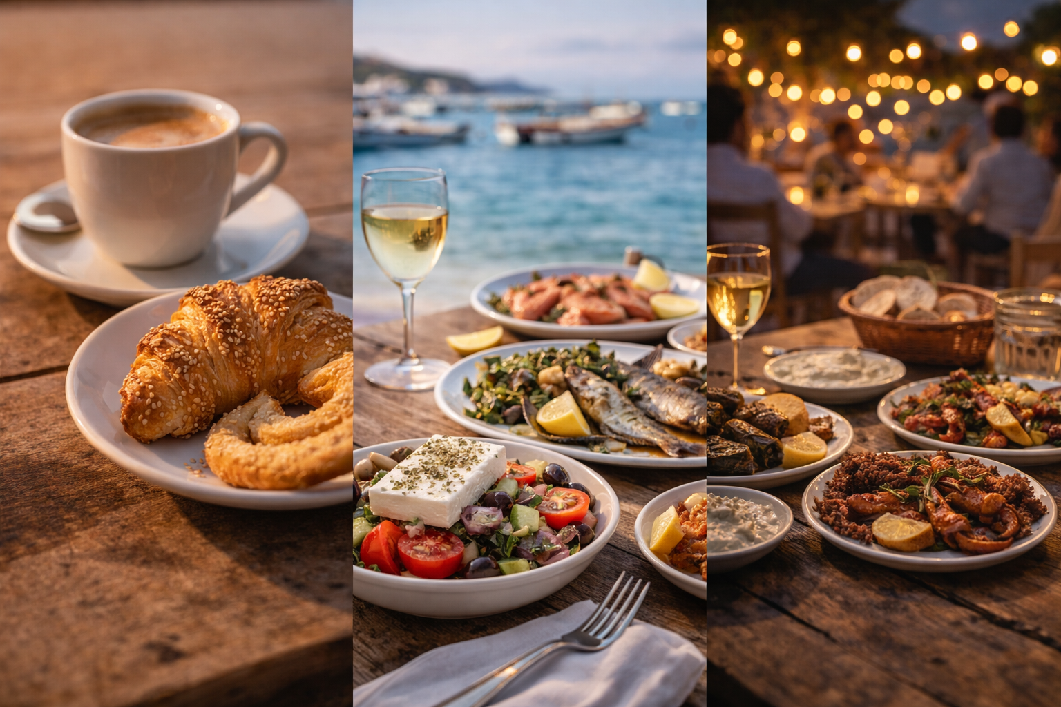 A full Greek food day shown through breakfast, lunch, and dinner moments.