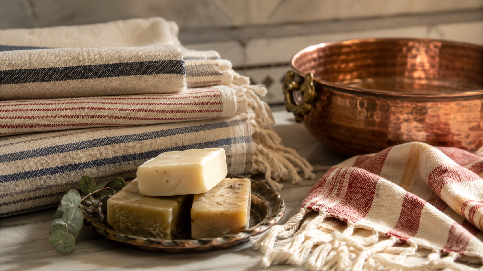 Striped pestemal towels, handmade soap, and copper hamam bowl on marble