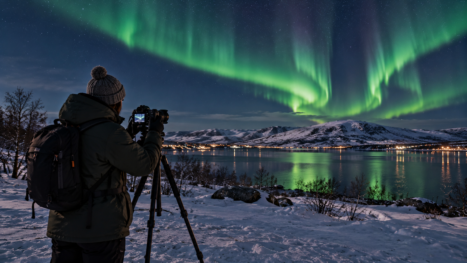 Traveller using a tripod-mounted camera to photograph the northern lights