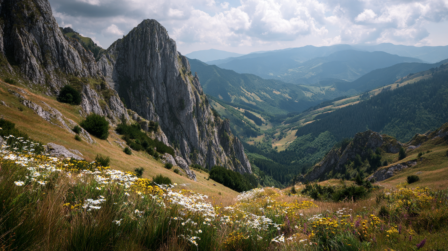 Limestone ridge and soft meadow-valley contrast in Piatra Craiului.