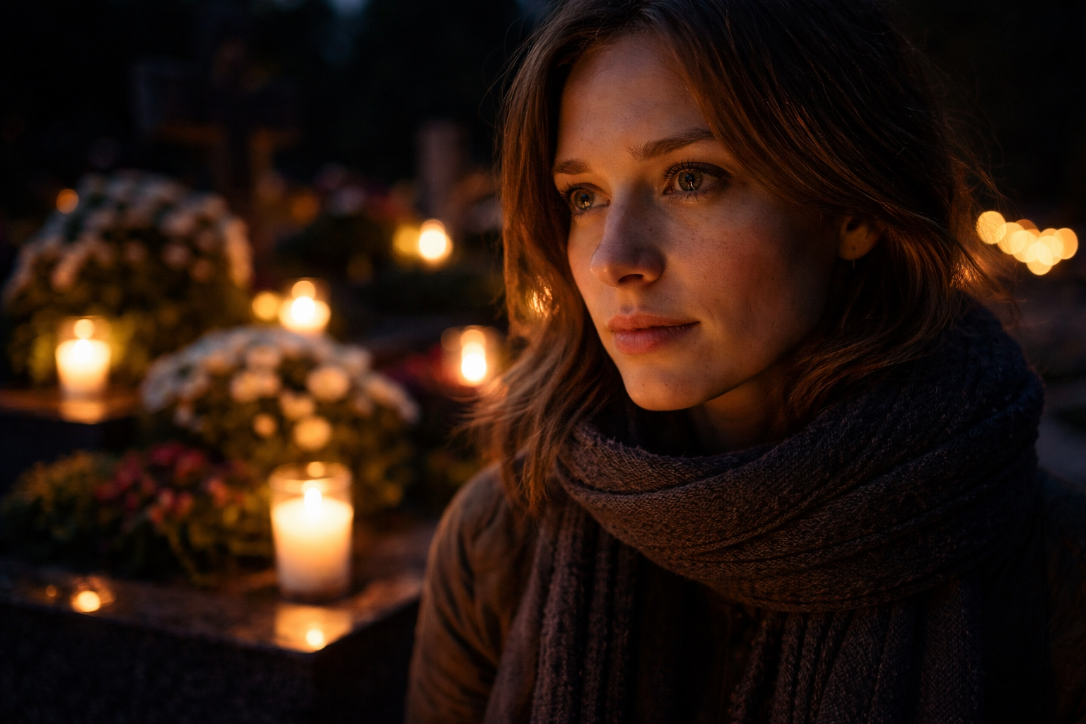 Reflective face illuminated by cemetery candlelight during All Saints’ Day in Poland.