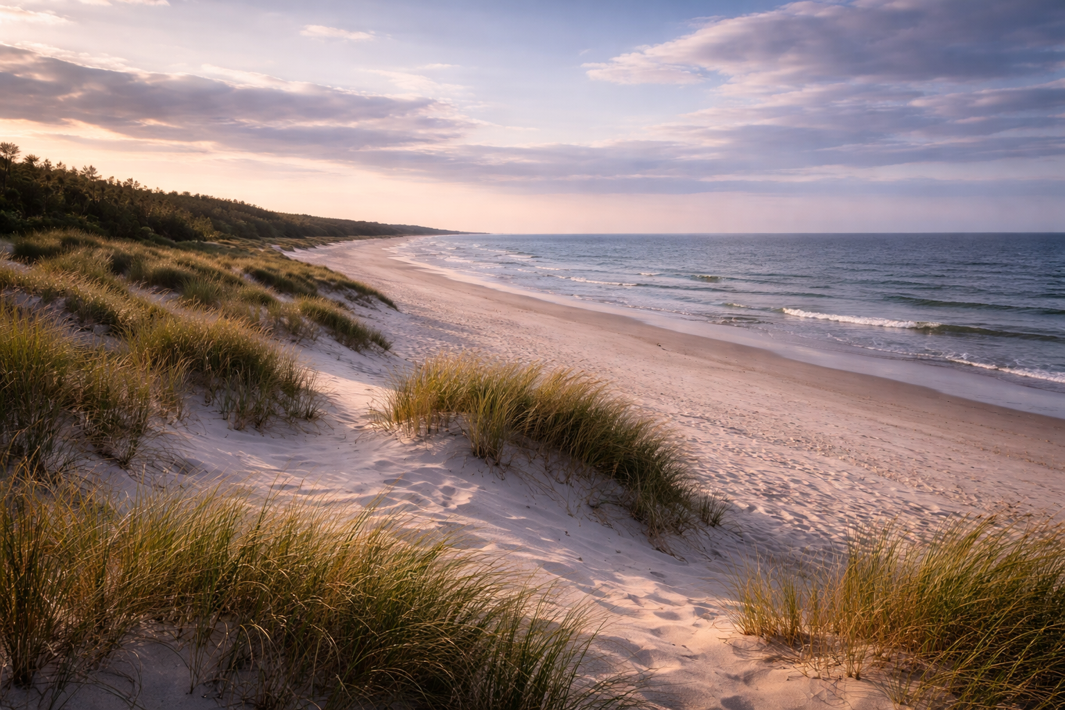 Wide Baltic coast scene in Poland with dunes, long beach, and open sky.