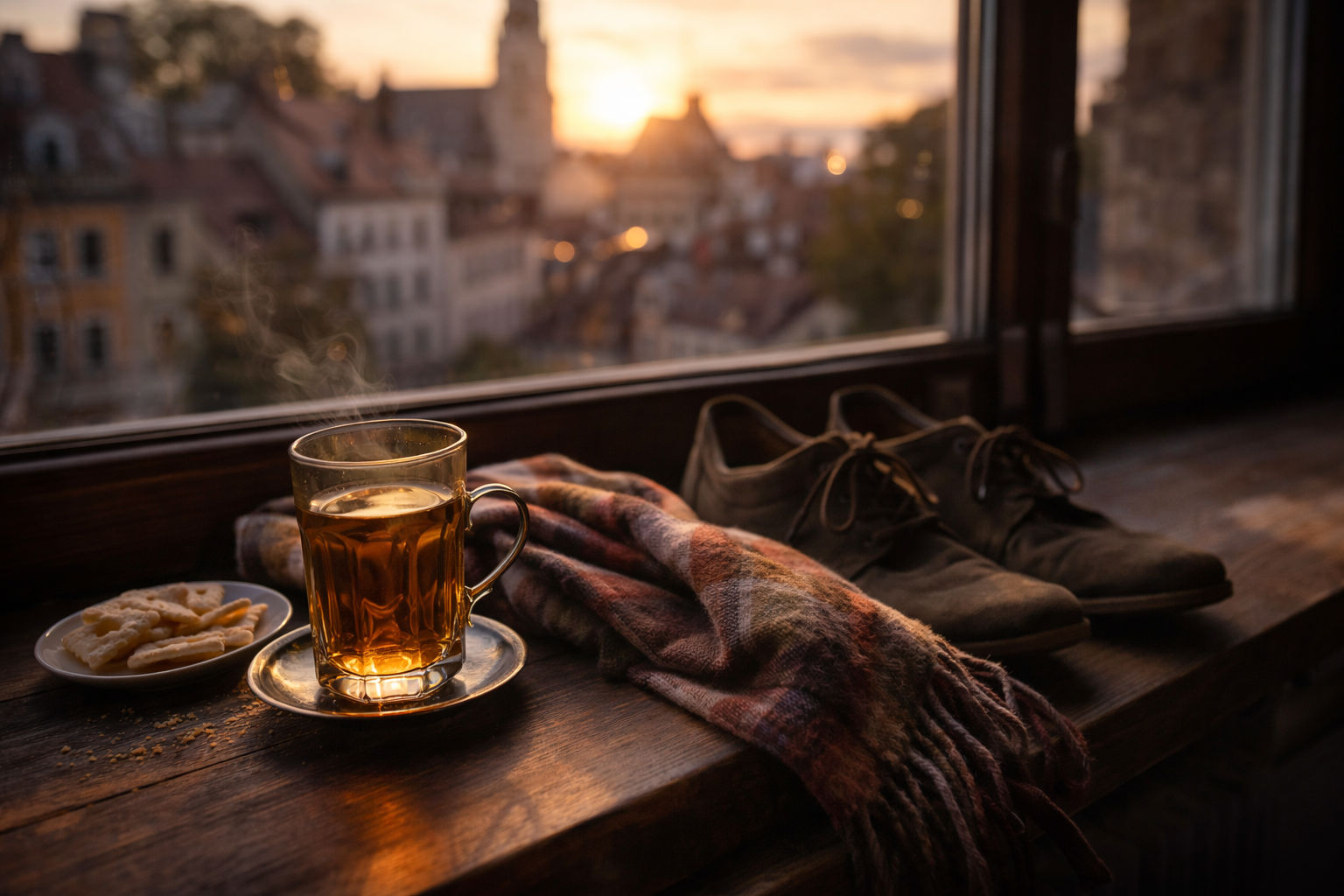 Calm pre-celebration recovery moment with tea, scarf, and quiet old-town light.