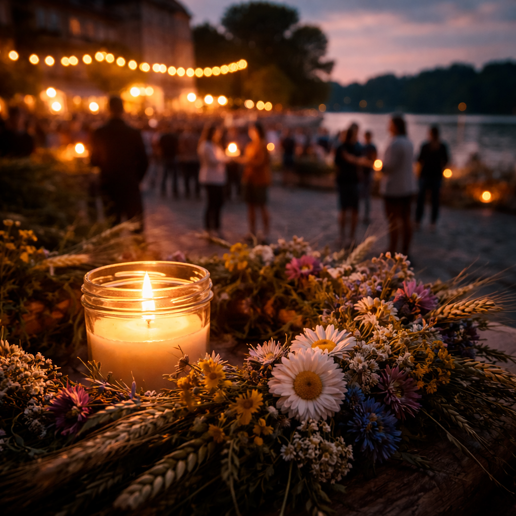 Candlelight and flower-wreath textures with a softly blurred Polish evening celebration behind.