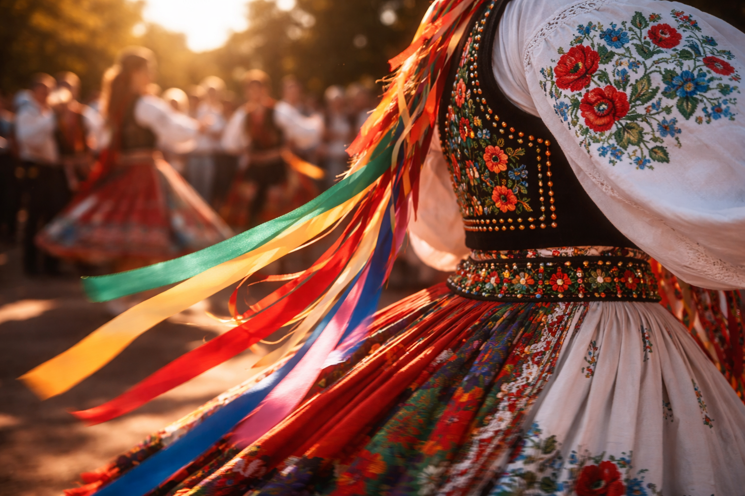 Embroidered costume and ribbons in motion during a Polish folk celebration.