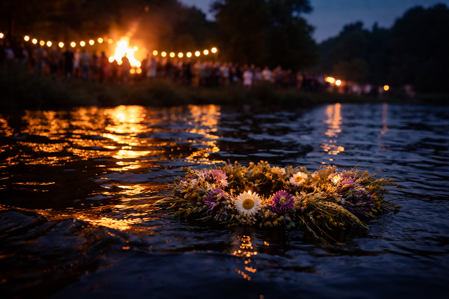 Flower crown on river water reflecting midsummer firelight in Poland.