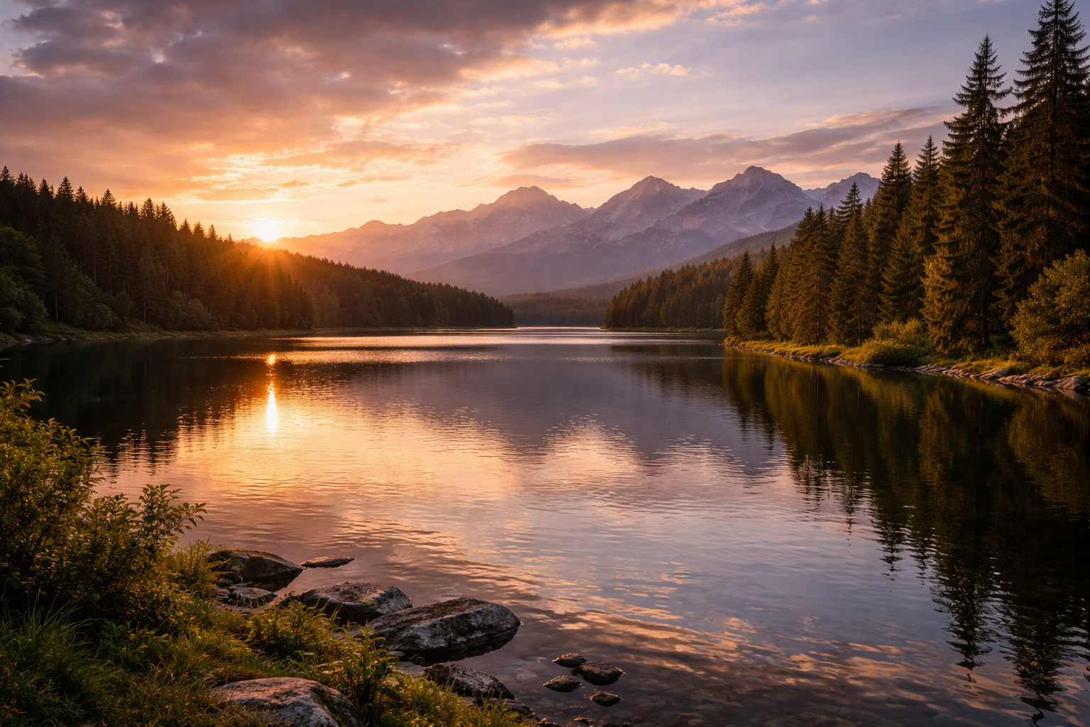 Wide layered Polish landscape at sunset showing mountains, forest, water, and open sky.