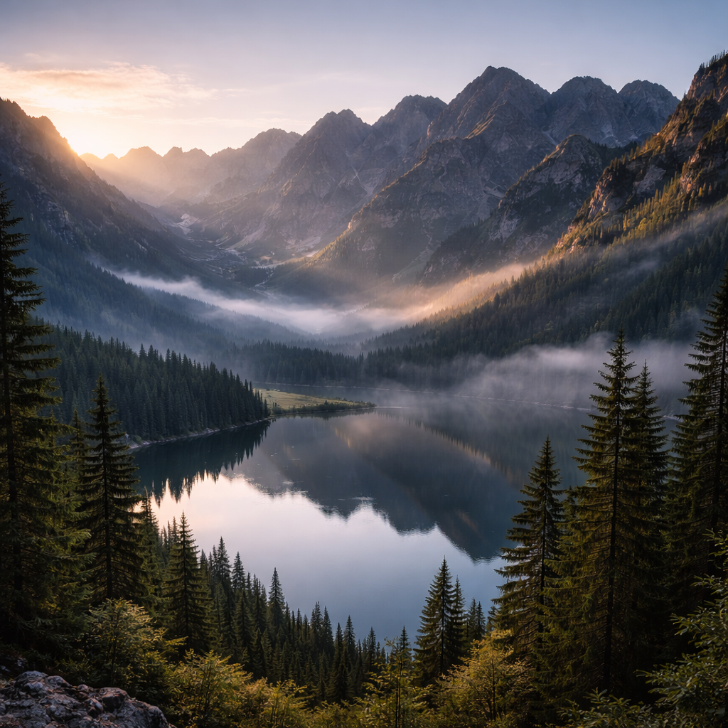 Wide sunrise landscape of mountains and lake in Poland with mist and pine silhouettes