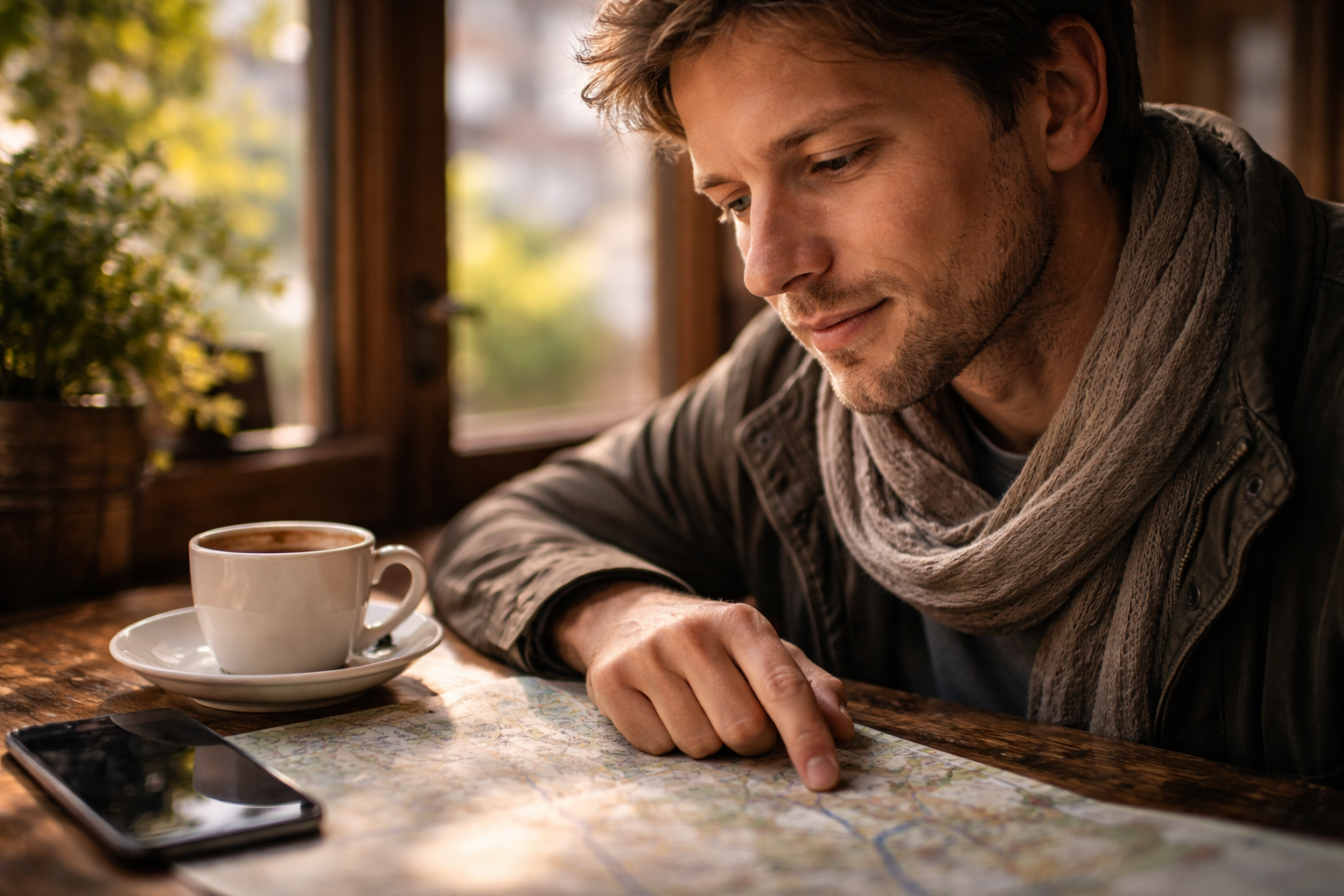 Poland nature travel guide: Thoughtful traveler choosing a Poland nature route over morning coffee.