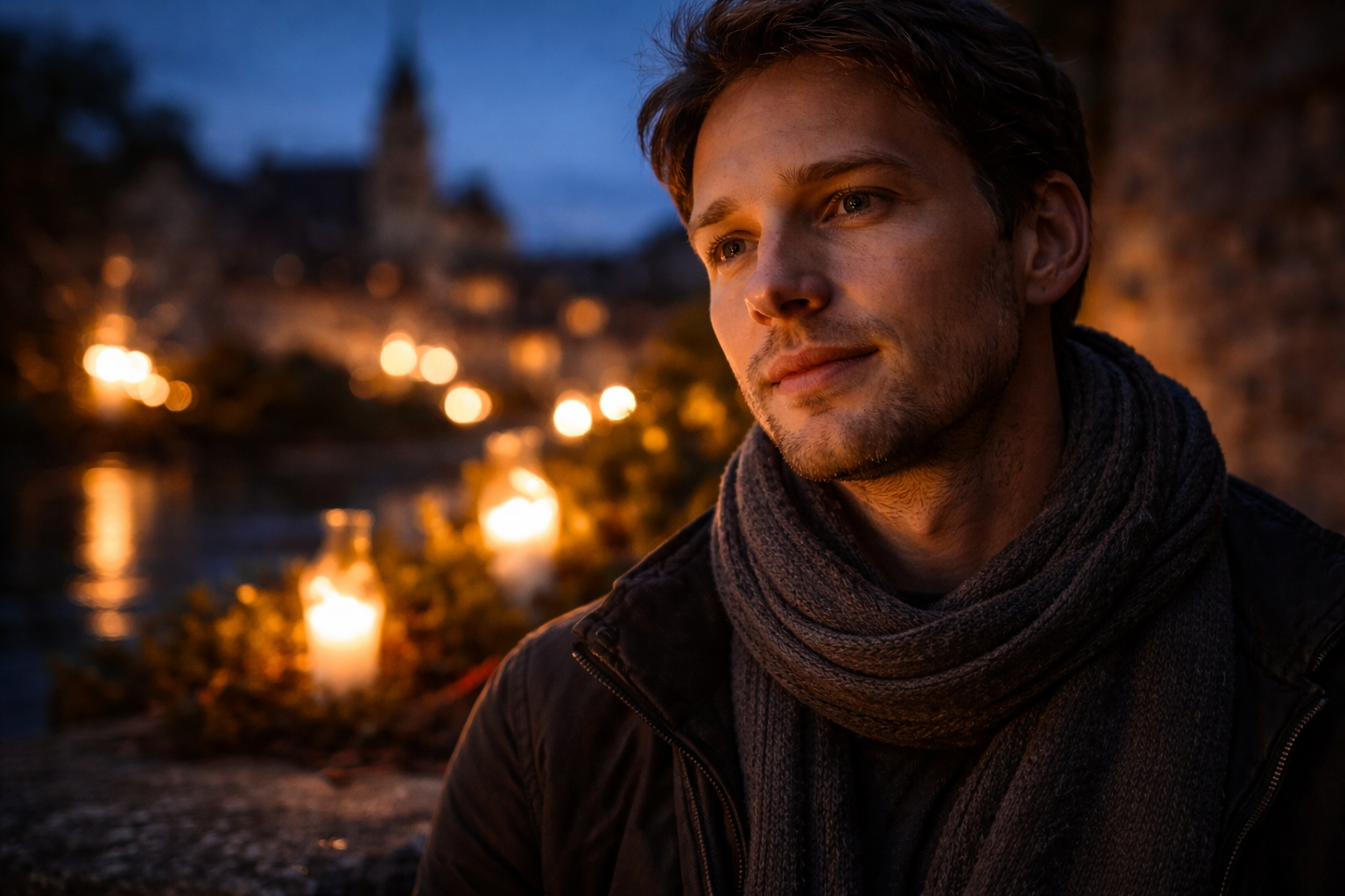 Poland festivals and traditions guide: Quiet, moved traveler after a Polish ritual evening, with candlelight blurred behind.