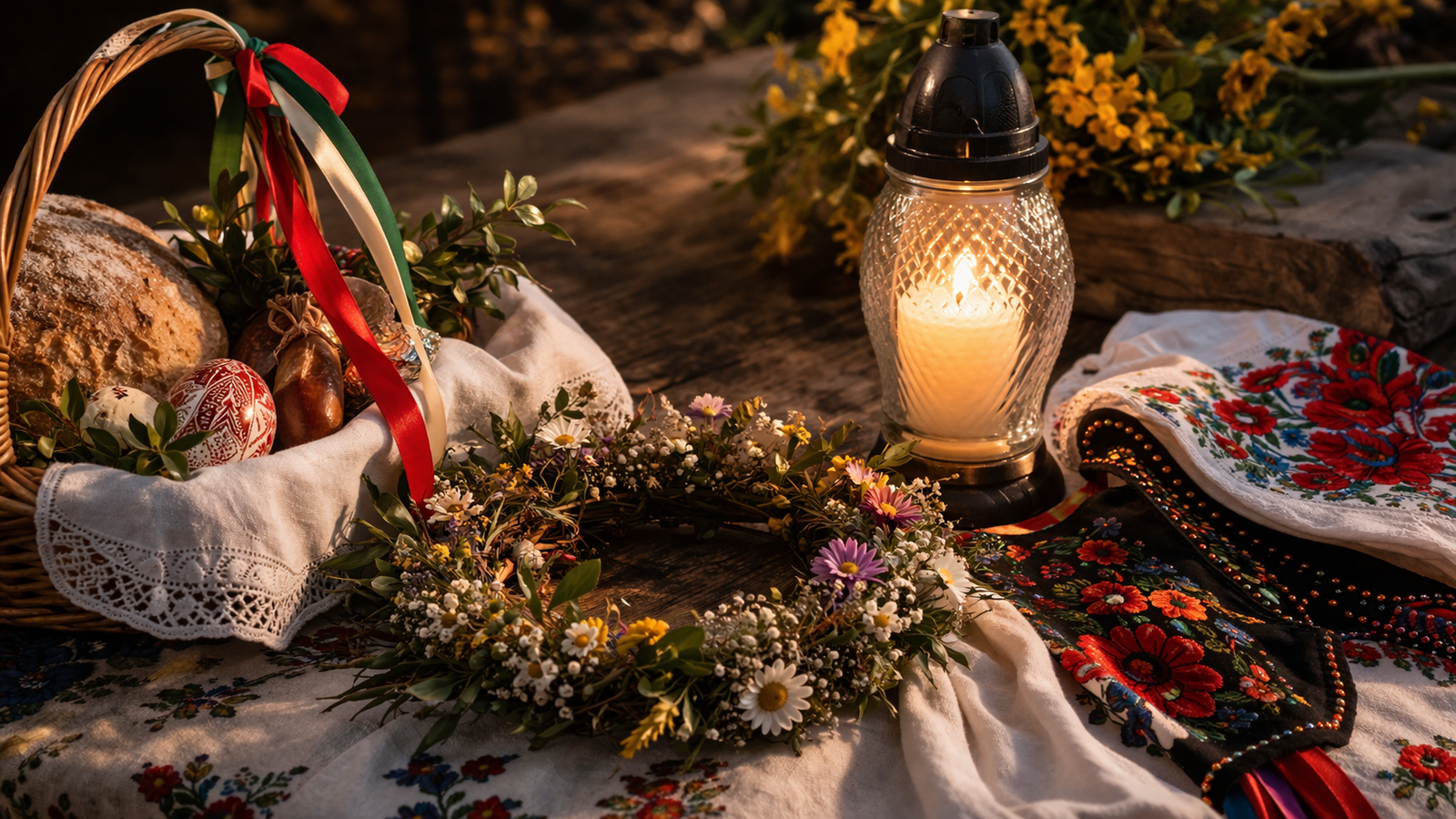 Four symbolic objects representing different Polish traditions and travel moods.