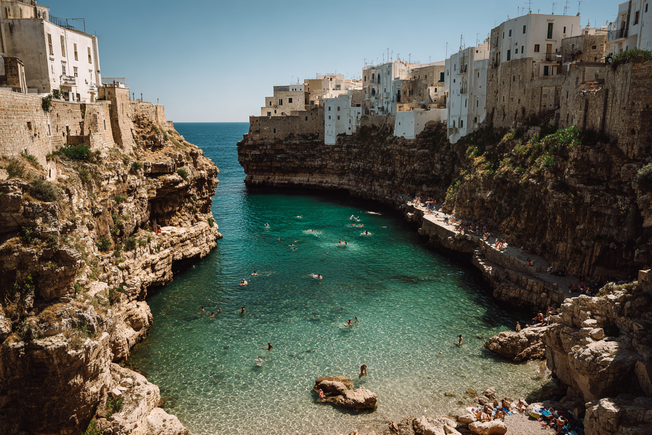 The iconic beach cove of Polignano a Mare in Puglia situated between dramatic limestone cliffs.