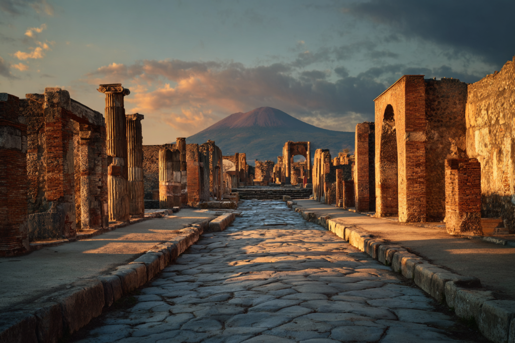 Italy Archaeological Sites: The ancient streets of Pompeii with Mount Vesuvius in the background, a top Italy archaeological site.