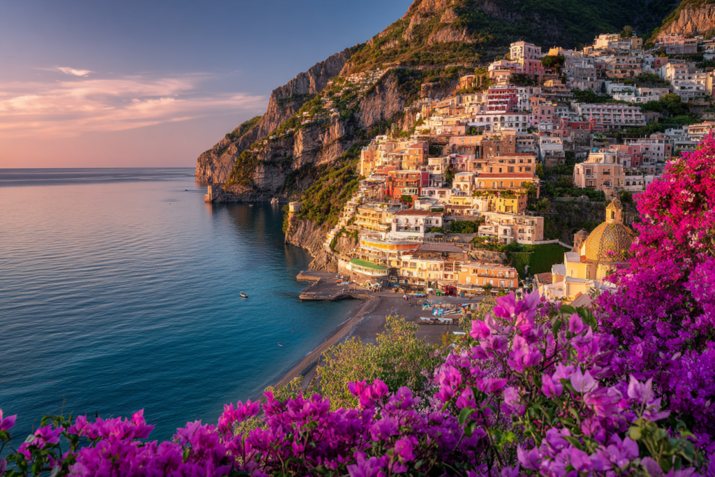 View of Positano village on the Amalfi Coast at sunset, one of the best coastal towns in Italy.