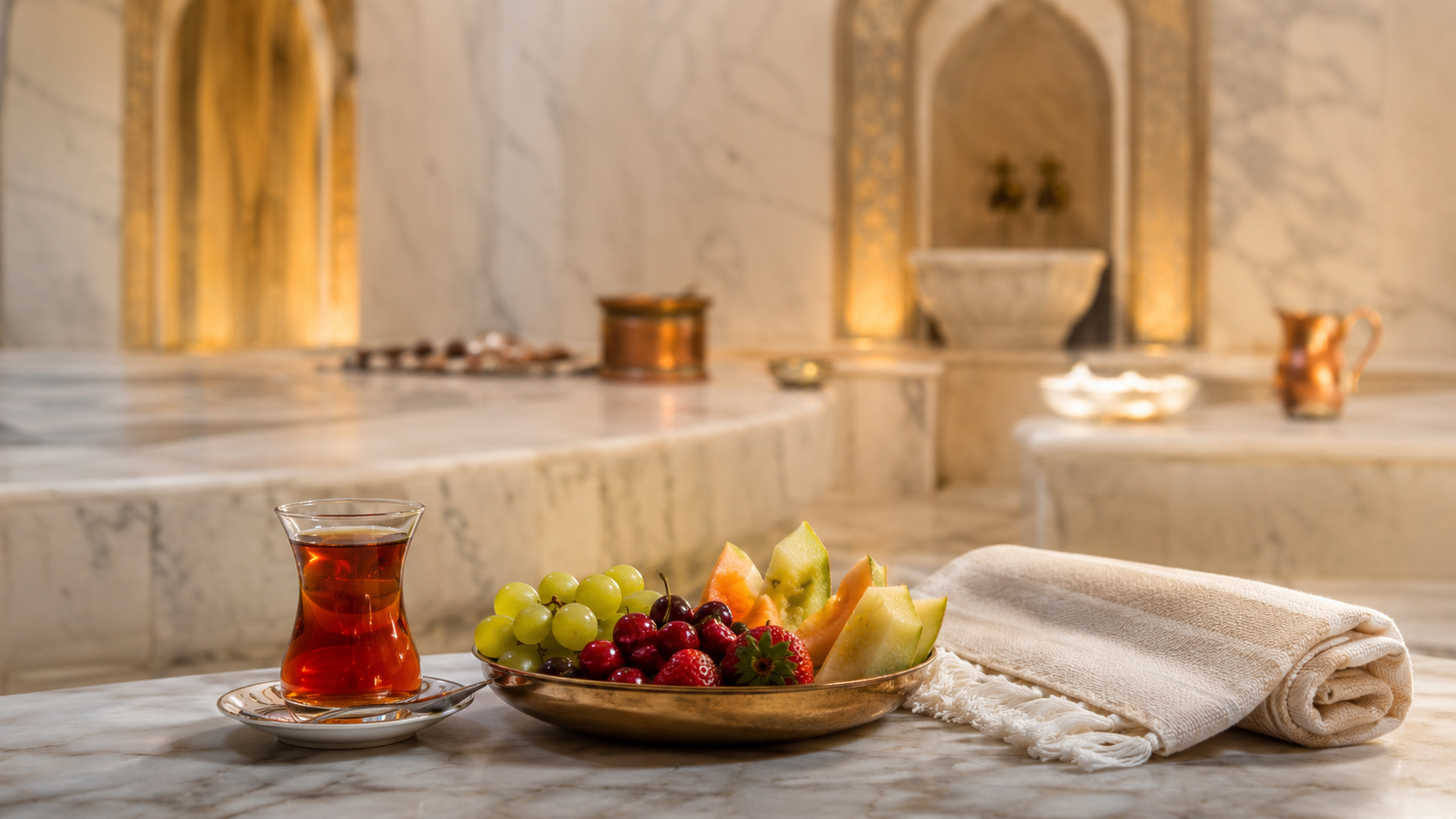 Post-hamam recovery scene with Turkish tea, fresh fruit, and towel