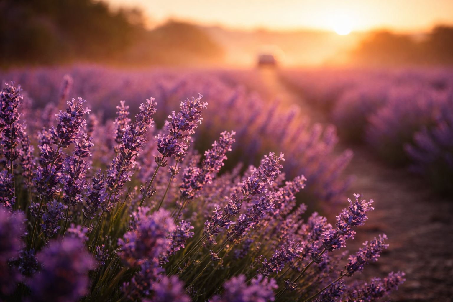 Dewy lavender close-up at sunrise with soft fading rows.