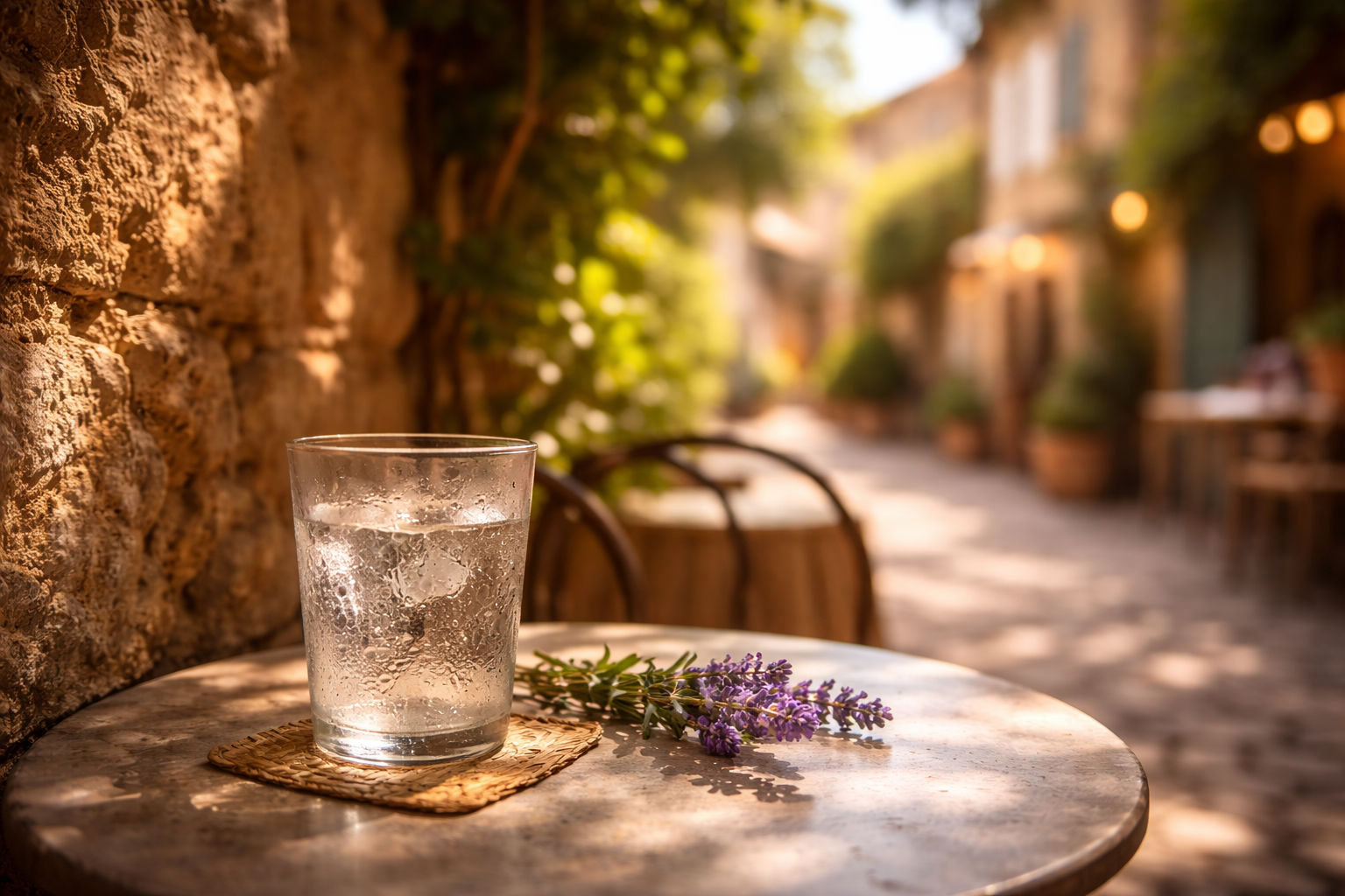 Provençal shaded street close-up with lavender and a cold glass of water.