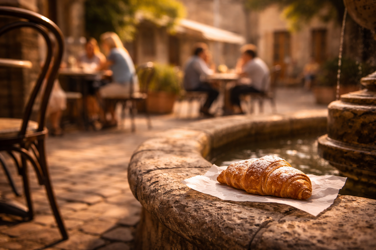 Small town square fountain detail with café life softly blurred behind.