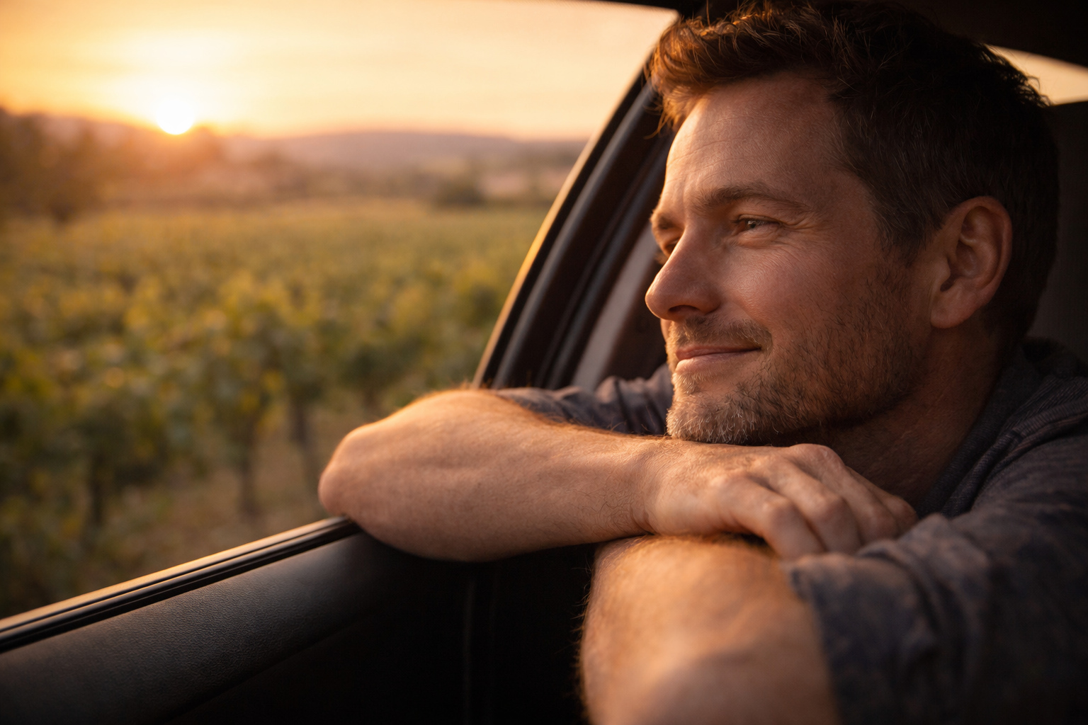Provincial France Travel Guide: Close-up of a traveler enjoying a slow vineyard drive in golden light.