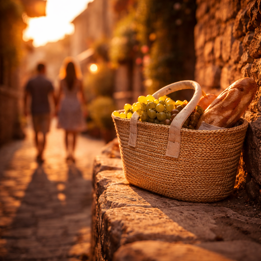 Golden stone village textures with a market tote, soft passersby in bokeh.