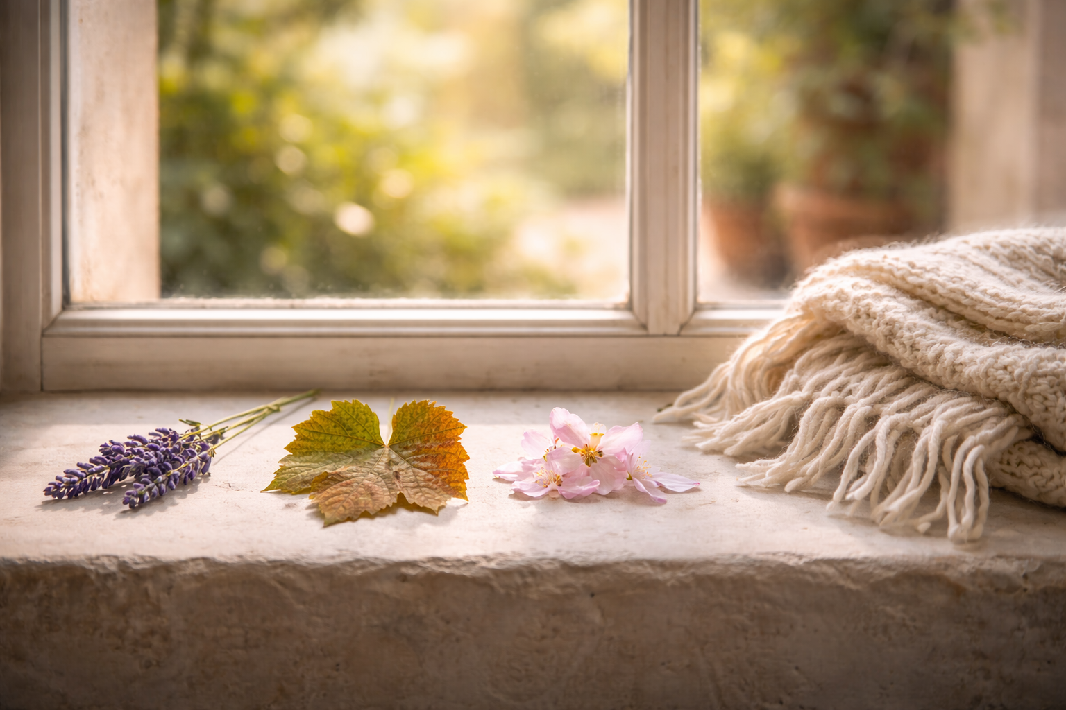 Seasonal objects suggesting spring, summer, autumn, and winter in France.