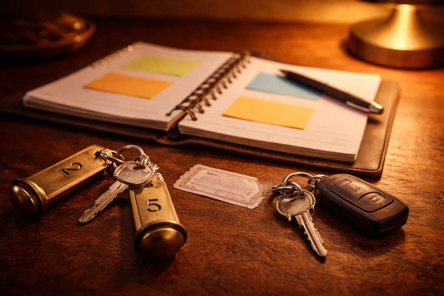 Calm planning setup with keys, tickets, and simple color blocks.
