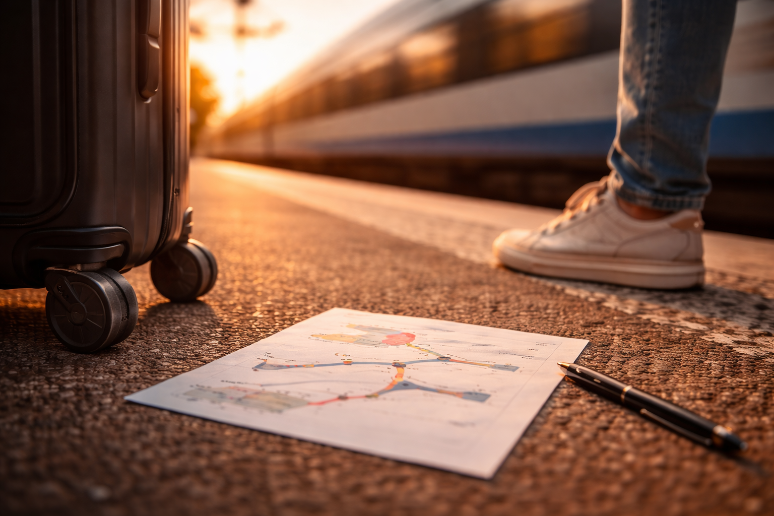 Train platform close-up with a blurred route sketch and arriving train motion.