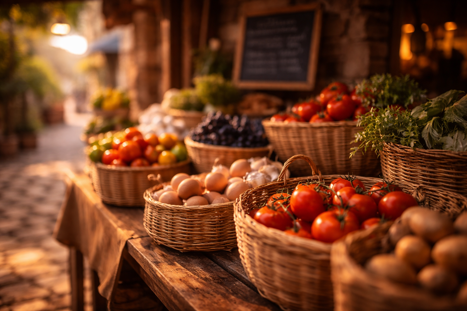 Quiet market stall close-up in warm morning light.