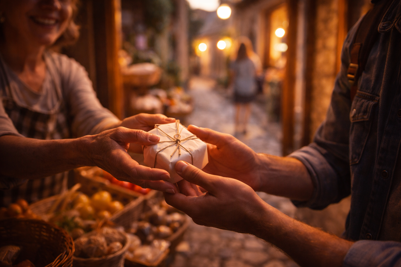 Provincial France Travel Guide: Warm close-up of a shopkeeper handing over local cheese in a small town.