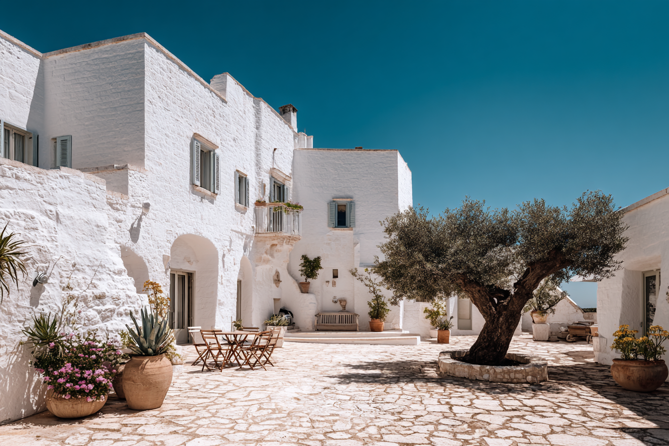 A white-washed Masseria farm stay in Puglia featuring a courtyard with ancient olive trees.