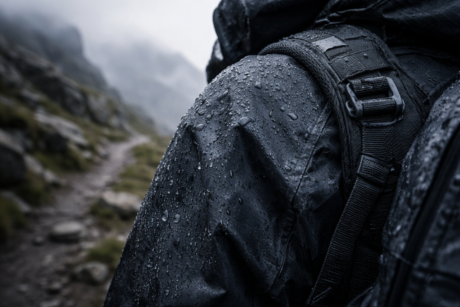 Backpack strap and wet jacket texture in misty Pyrenees conditions.