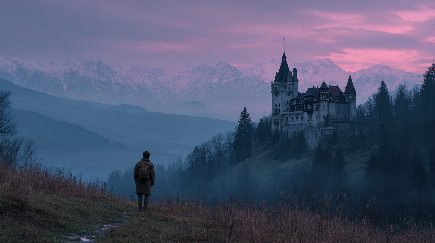 Traveler before a Transylvanian castle and mountains at dusk.