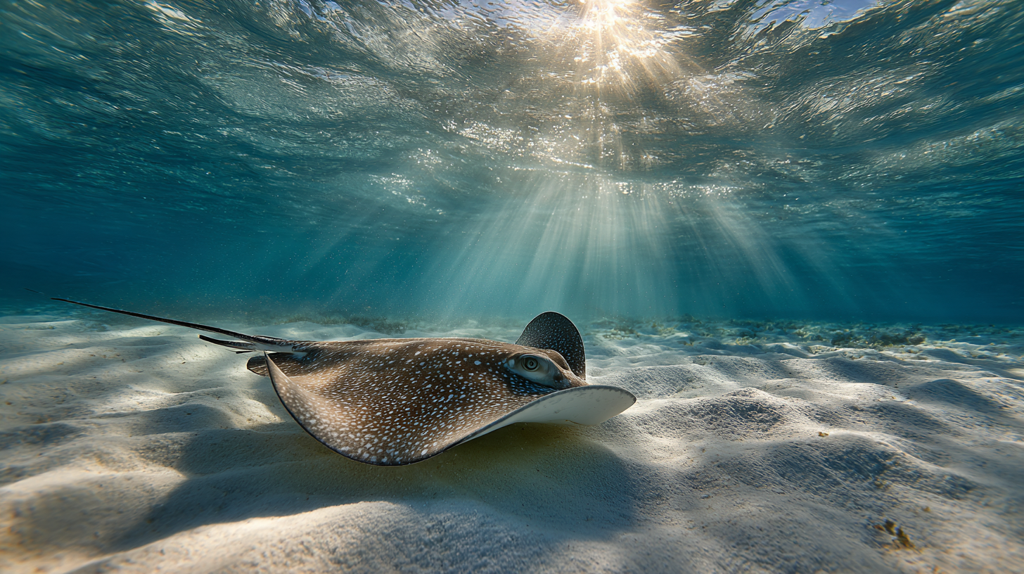 Close-up of a ray gliding over sand.