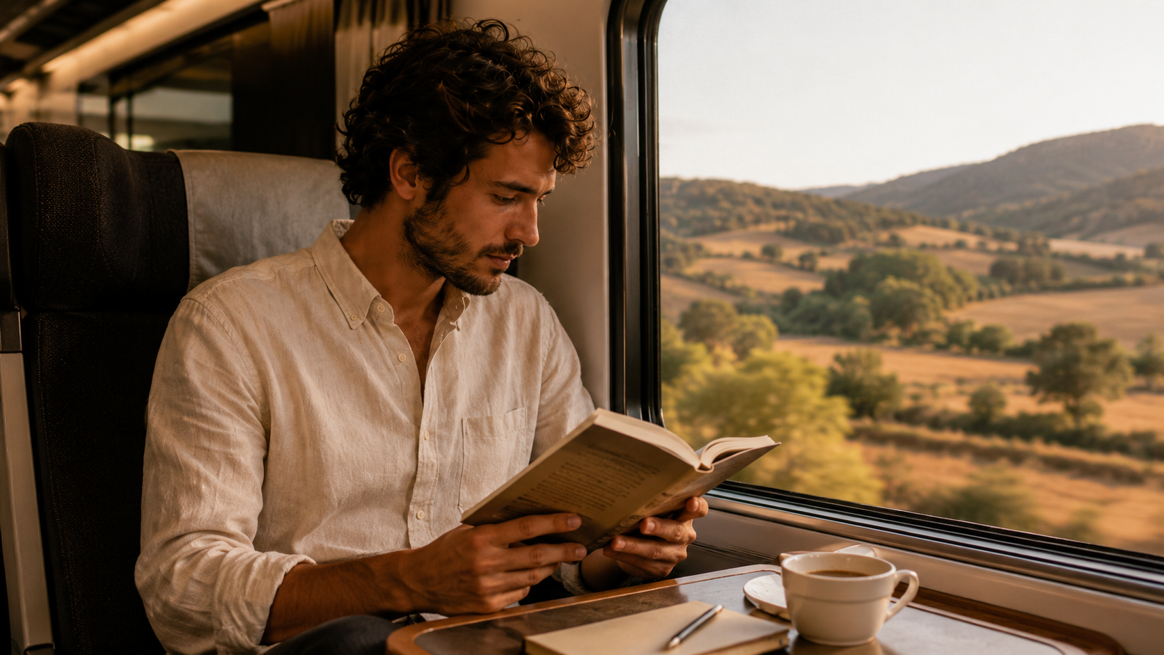 Traveler reading Spanish literature on a train through the Spanish countryside