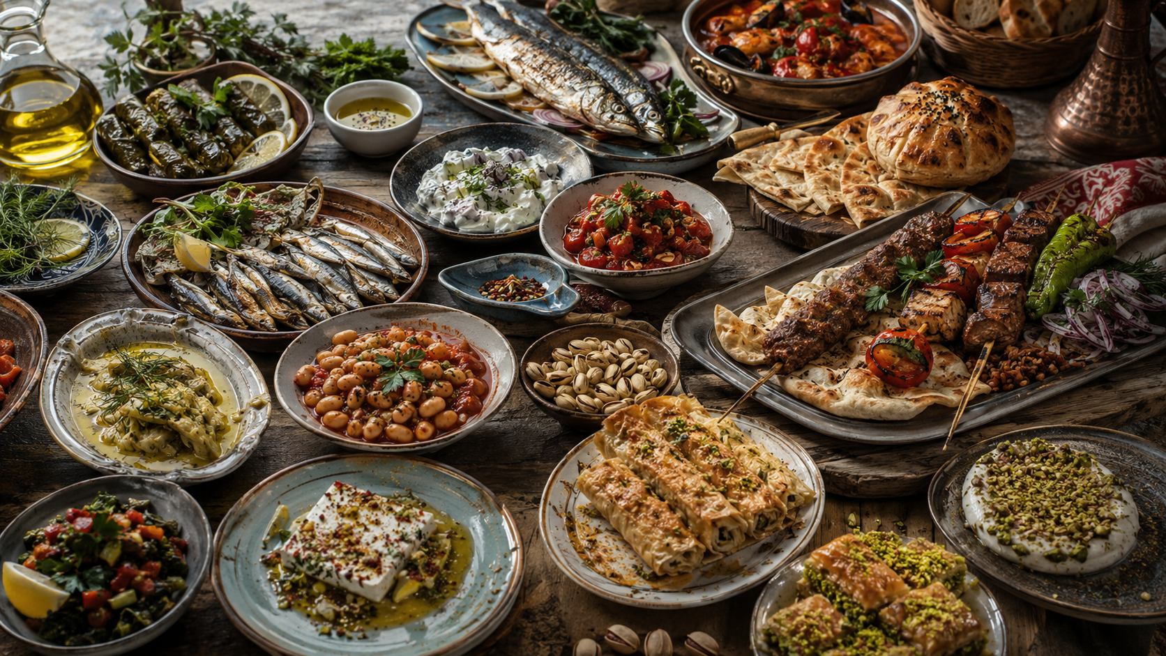 Regional Turkish food spread with olive oil dishes, fish, pastries, kebabs, and pistachios