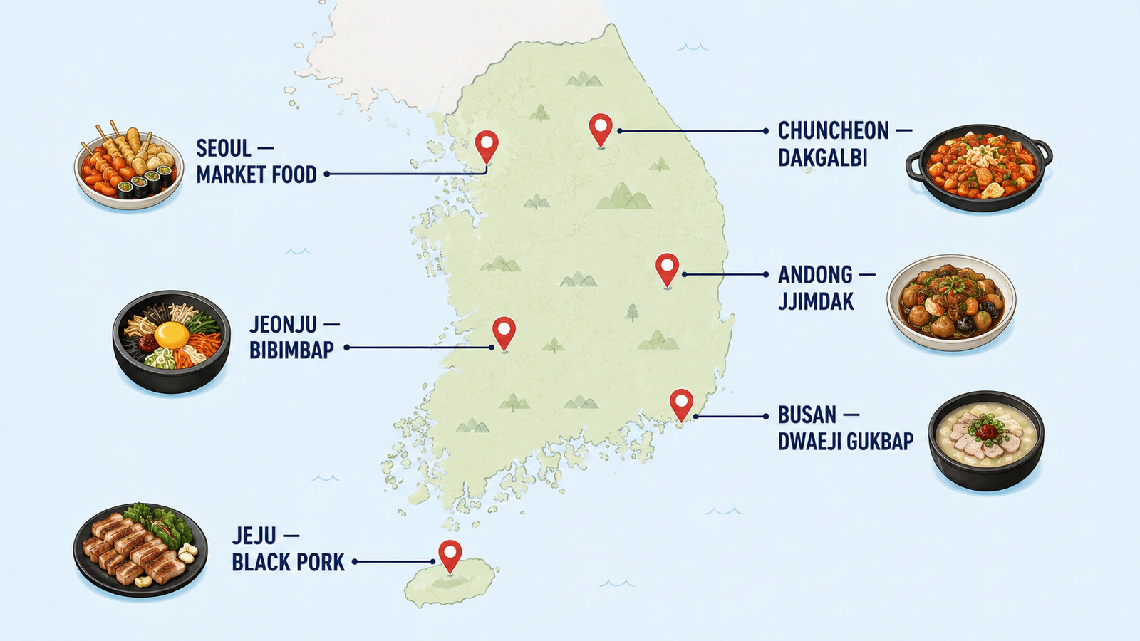 Regional Korean food map from Seoul and Jeonju to Busan and Jeju