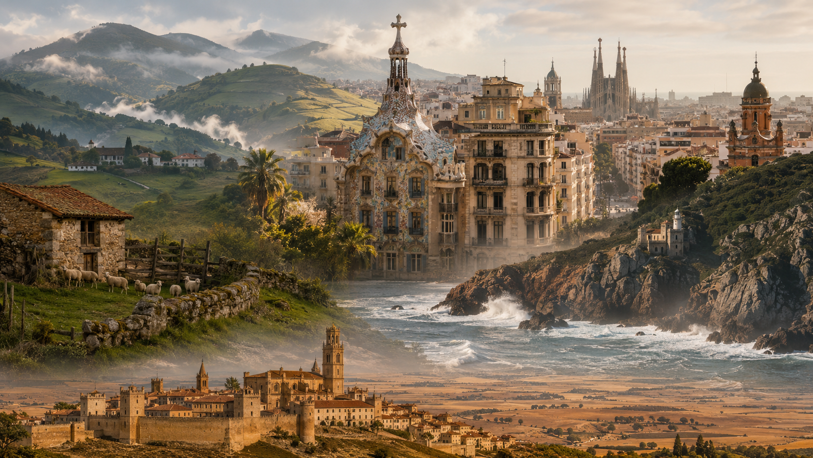 Spanish language and literature: Spanish regional landscapes representing Catalan, Basque, Galician, and Castilian language cultures