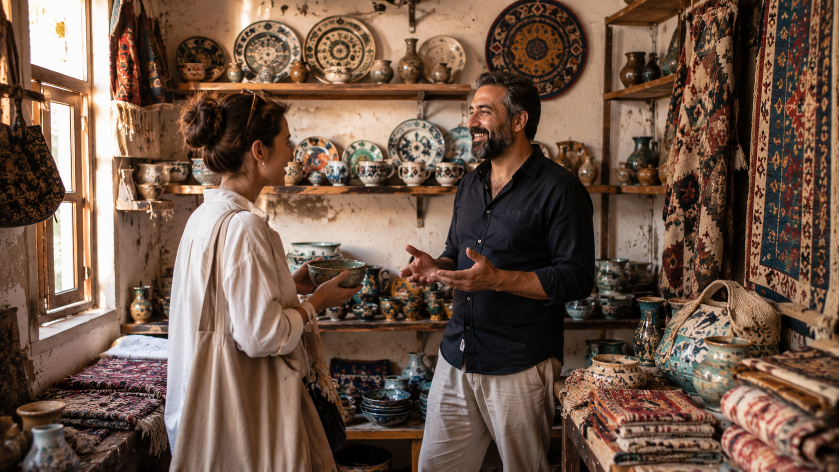 Turkish crafts and arts: Traveler speaking with a Turkish artisan while viewing handmade ceramics and textiles