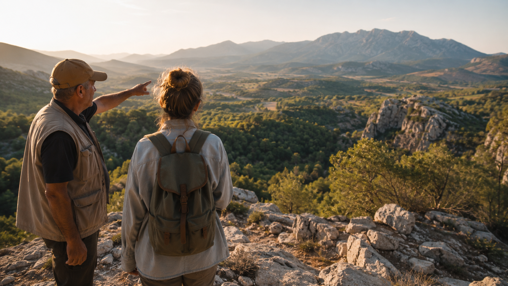 Local guide and traveler overlooking a protected natural landscape in Turkey