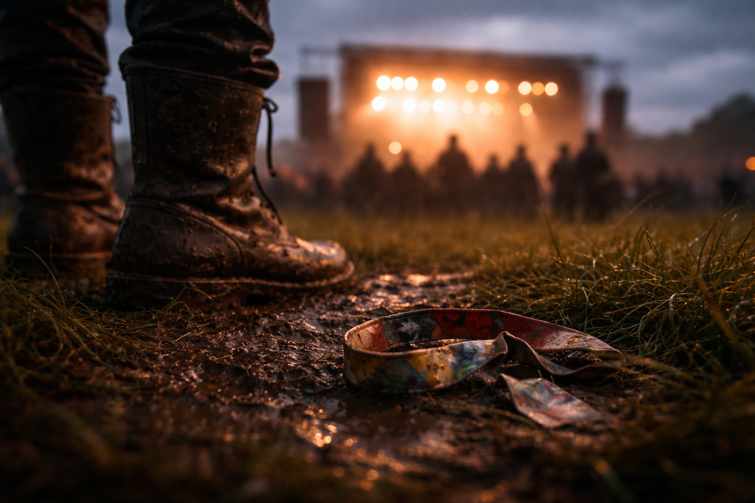 Germany music travel guide: Muddy boots and festival wristband with a giant stage blurred behind.