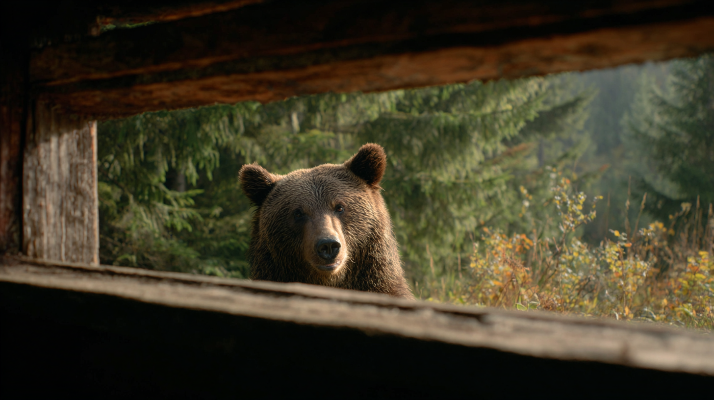 Brown bear viewed from a respectful wildlife hide in Romanian forest.