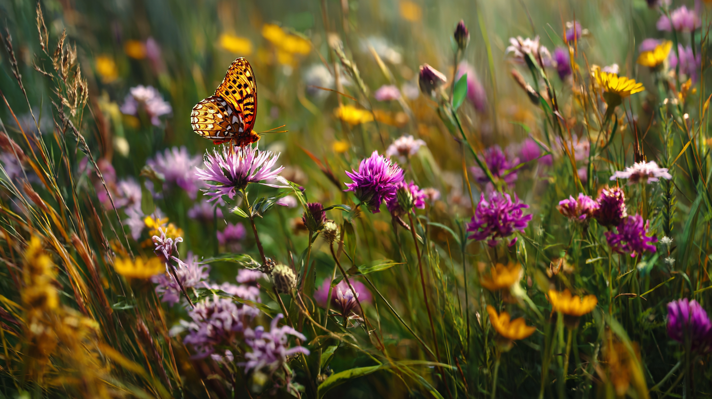 Wildflowers, butterfly, and meadow life showing Romanian biodiversity beyond large mammals.