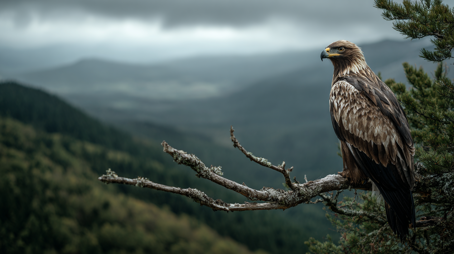 Large eagle perched above a Romanian valley with forest and mountain blur behind.