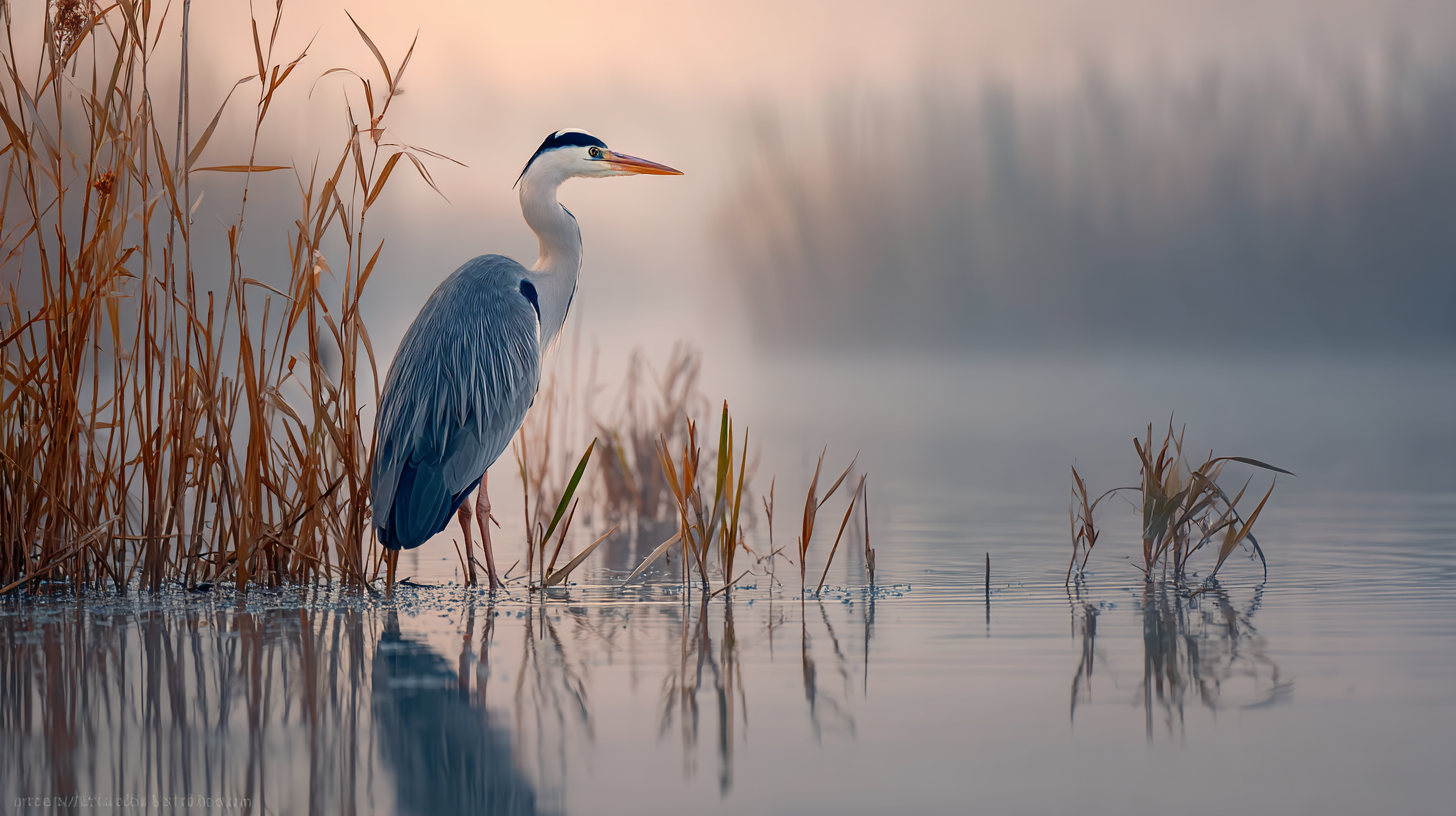Heron standing among reeds in shallow wetland water in Romania.