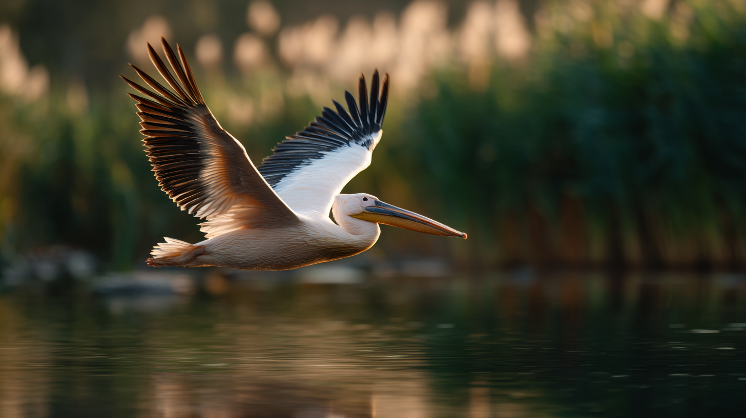 Great white pelican gliding over Danube Delta water.