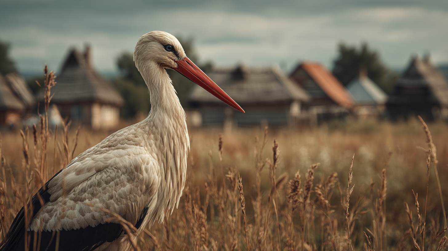 White stork in a Romanian hay meadow near a traditional rural landscape.