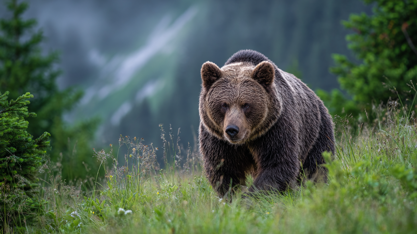 Wild brown bear in a forest opening in the Romanian Carpathians.